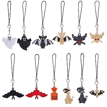 Cell Phone Straps for Halloween, with Alloy Enamel Pandant and Nylon Cord Loop, Cat/Ghost/Pumpkin/Bat/Pirate, Mixed Patterns, 7.8~9.2cm, 12pcs/set, 1 set/box