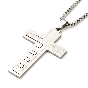 Cross with Word 304 Stainless Steel Pendant Necklace with Box Chains, Stainless Steel Color, 23.62 inch(60cm)