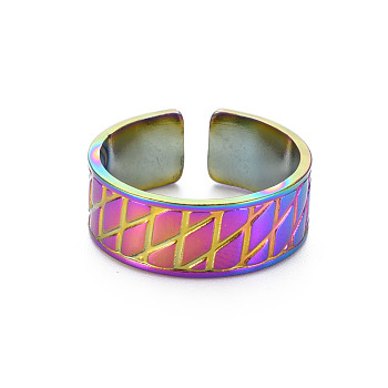 Rainbow Color 304 Stainless Steel Grooved Wide Band Open Cuff Ring for Women, US Size 9 1/2(19.3mm)