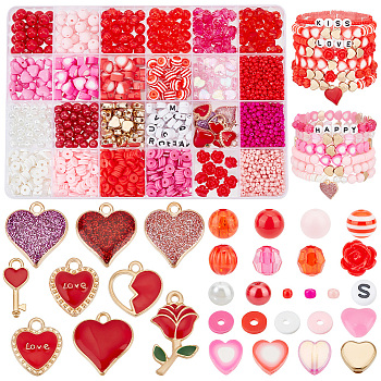 Elite DIY Valentine's Day Jewelry Making Finding Kit, Including Seed & Glass Pearl & Polymer Clay Disc & Acrylic Pumpkin & Resin Rondelle & Plastic Heart Beads, Rose Alloy Enamel Pendants, Pink, 3~22.5x3~16x1~7mm, Hole: 1~2mm, 1959Pcs/box