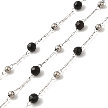 Natural Black Agate Round Beaded Chains, with 304 Stainless Steel Cable Chains, Soldered, with Spool, Stainless Steel Color, 2x0.8x0.1mm, 4mm, 3x2.5mm