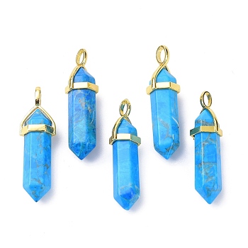 Natural Howlite Pointed Pendants, with Random Brass Pendant Hexagon Bead Cap Bails, Golden, Dyed & Heated, Bullet, 38.5~40x12~12.5x10~11mm, Hole: 3x4.5mm