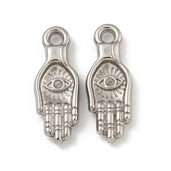 Non-Tarnish 304 Stainless Steel Pendants, Palm with Eye Charm, Stainless Steel Color, 24.5x9x3.5mm, Hole: 2.1mm