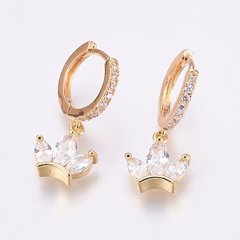 Brass Micro Pave Cubic Zirconia Dangle Hoop Earrings, with Glass Rhinestone, Crown, Clear, Golden, 26mm, Pin: 1mm