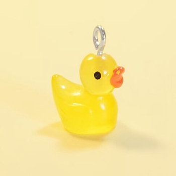 Luminous Opaque Resin Cartoon Pendants, Duck Charms with Platinum Tone Iron Loops, Glow in the Dark, Yellow, 18~21.5x17x11.5mm, Hole: 2.3mm