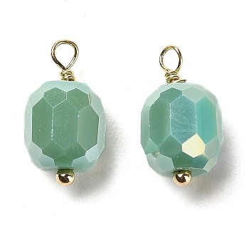 Glass Charms, with Rack Plating Real 18K Gold Plated Brass Loops, Faceted Column, Dark Sea Green, 14.5x7.5mm, Hole: 1.4mm