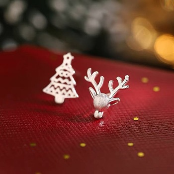 Deer & Christmas Tree Christmas Brass Stud Earrings, Left and Right, Silver, 12x9mm