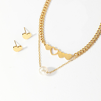 Golden Stainless Steel Jewelry Set, Pendant Necklaces & Stud Earrings, Heart, Necklace: 410mm, Earring: 10mm