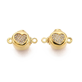 Brass Micro Pave Clear Cubic Zirconia Box Clasps, Oval with Heart, 1-Strand, 2-Hole, Real 18K Gold Plated, 13~14.5x9~9.5x7mm, Hole: 1.2~1.4mm