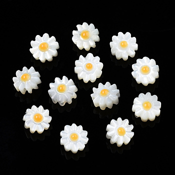 Natural White Shell Enamel Beads, Flower, Orange, 8.5x8.5x4mm, Hole: 0.8mm