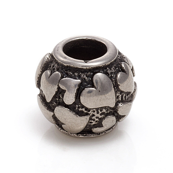 304 Stainless Steel European Beads, Large Hole Beads, Rondelle with Heart, Antique Silver, 11x10mm, Hole: 5mm