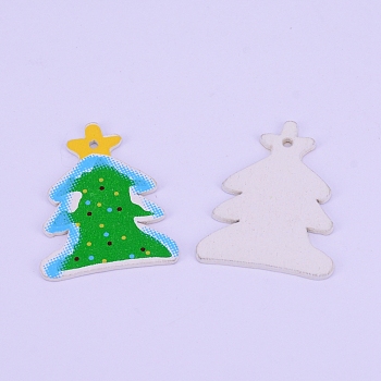 Printed Wooden Pendants, Dyed, for Christmas, Christmas Tree, Green, 36.5x28.6x1.5mm, Hole: 2.5mm