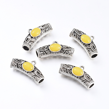 Alloy Tube Bails, Loop Bails, with Resin, Tube Scarf Bail Beads, Antique Silver, Yellow, 14.5x29.5x10mm, Hole: 2mm, Inner Diameter: 5mm