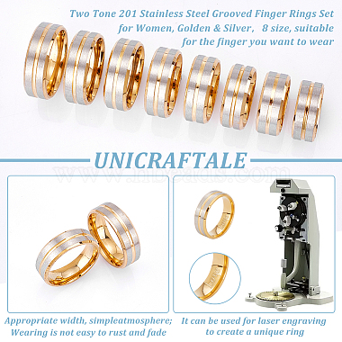 Unicraftale 16Pcs 8 Size Two Tone 201 Stainless Steel Grooved Finger Rings Set for Women(RJEW-UN0002-81)-5