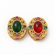 Long-Lasting Rack Plating Brass Multi-Strand Links,  with Synthetic Ruby in Zoisite, Oval with Hollow Flower, Golden, Mixed Color, 13x11x6mm, Hole: 1x2mm(KK-I700-06)