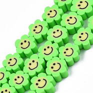 Handmade Polymer Clay Bead Strands, Flower with Smile, Lawn Green, 8~10x8~10x4~5mm, Hole: 1.2~1.6mm, about 38~40pcs/strand, 12.99 inch~15.94 inch(33~40.5cm)(CLAY-N006-73D)