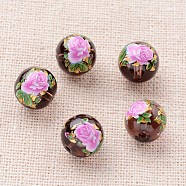 Flower Picture Printed Glass Round Beads, Purple, 10mm, Hole: 1mm(GLAA-J088-10mm-A08)