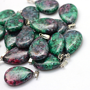 Teardrop Dyed Natural Ruby in Zoisite Pendants, with Platinum Tone Brass Findings, 25~29x16~17x5~6mm, Hole: 2x7mm(G-Q368-22)