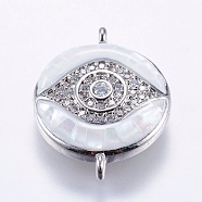 Brass Micro Pave Cubic Zirconia Links, with White Shell, Eye, Platinum, 20.5x16x4mm, Hole: 1mm(ZIRC-F077-11P)