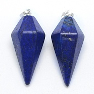 Natural Lapis Lazuli Pointed Pendants, with Brass Findings, Bullet, Dyed, Platinum, 38.5x16x14.5mm, Hole: 5x8mm(KK-E757-F-05P)