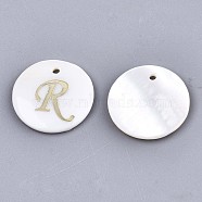 Natural Freshwater Shell Pendants, with Golden Plated Brass Etched Metal Embellishments, Flat Round with Letter, Letter.R, 15x2mm, Hole: 1.2mm(X-SHEL-N027-04R)