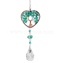 Big Pendant Decorations, Hanging Sun Catchers, with Amazonite Beads and K9 Crystal Glass, Heart with Tree of Life, 35.5cm(HJEW-PW0001-005E)