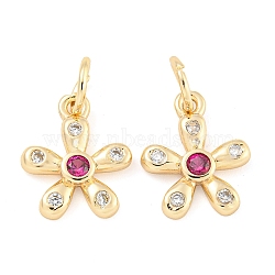 Rack Plating Brass Micro Pave Clear Cubic Zirconia Charms, Long-Lasting Plated, Lead Free & Cadmium Free, Flower, with Jump Ring, Deep Pink, Real 18K Gold Plated, 13.5x11x2mm, Hole: 4mm(KK-F089-07G)