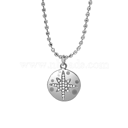 Stainless Steel Rhinestone Flat Round with Star Pendant Necklaces, Ball Chain Necklace for Women, Stainless Steel Color, 16-1/2 inch(42cm)(NS9570-2)