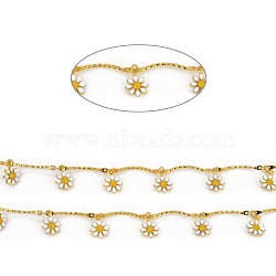 Handmade Brass Link Chains, Soldered, with Enameled Flower Charms, with Spool, Long-Lasting Plated, Real 18K Gold Plated, Yellow, Link: 18x1.8x3mm, Flower: 10x7x2mm, about 32.8 Feet(10m)/roll(CHC-F011-17-G)