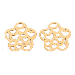 304 Stainless Steel Filigree Joiners Links, Laser Cut, Flower with Heart, Real 14K Gold Plated, 15x15.5x0.5mm(STAS-S116-183G)
