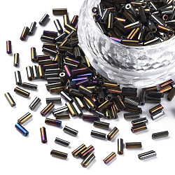 Metallic Colours Glass Bugle Beads, Round Hole, Coffee Plated, 3~8x2mm, Hole: 0.7mm, about 450g/pound(SEED-N005-001-D03)