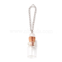 Empty Perfume Bottle Pendants, with Cork Stopper & Brass Chain, Platinum Iron Findings, Clear, 70mm, Link Wide: 2mm, Bottle: 12mm Wide, 35mm Long, 12mm Thick, Inner Diameter: 6mm, Capacity: 2ml(0.07fl. oz)(GLAA-H017-01B)