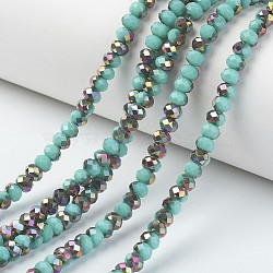 Electroplate Opaque Glass Beads Strands, Half Rose Gold Plated, Faceted, Rondelle, Medium Turquoise, 8x6mm, Hole: 1mm, about 65~68pcs/strand, 15.7~16.1 inch(40~41cm)(EGLA-A034-P8mm-R17)