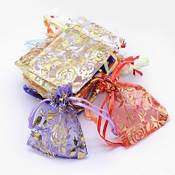 Gold Stamping Rose Flower Rectangle Organza Gift Bags, Jewelry Packing Drawable Pouches, Mixed Color, 12x10cm(X-OP-L006B-01)