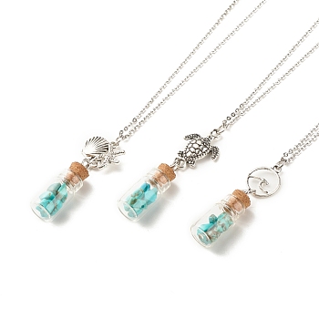 3Pcs 3 Style Glass Bottle with Synthetic Turquoise Chips Pendant Necklaces Set, Wish Bottle Necklace with Alloy Turtle Starfish Wave Charm for Women, 17.91 inch(45.5cm), 1Pc/style