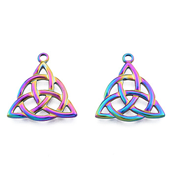 Ion Plating(IP) 201 Stainless Steel Pendants, Trinity Knot, Rainbow Color, 27x25.5x2.5mm, Hole: 2.5mm
