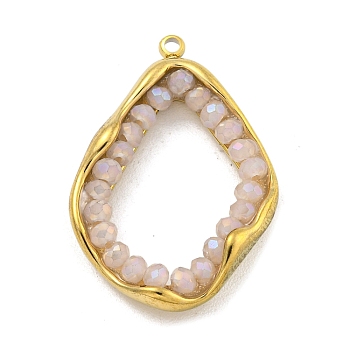 Faceted Natural Quartz Dyed Pendants, Irregular Oval Charms with Golden Plated 304 Stainless Steel Edge, Misty Rose, 27x19x5mm, Hole: 1.4mm