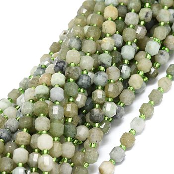 Natural Myanmar Jade Beads Strands, with Seed Beads, Faceted, Bicone, Double Terminated Point Prism Beads, 7~8x7~8mm, Hole: 0.8mm, about 38pcs/strand, 15.35 inch(39cm)