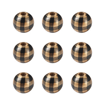 Natural Wooden Beads, Plaid Beads, Tartan Pattern, Round, Gold, 5/8 inch(16mm), Hole: 4mm