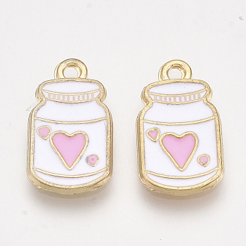 Alloy Pendants, Cadmium Free & Lead Free, with Enamel, Wishing Bottle with Heart, Light Gold, White, 17x10x1mm, Hole: 1.4mm