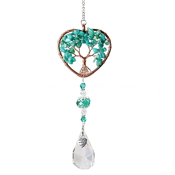 Big Pendant Decorations, Hanging Sun Catchers, with Amazonite Beads and K9 Crystal Glass, Heart with Tree of Life, 35.5cm