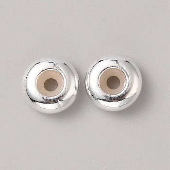 925 Sterling Silver Beads, Flat Round with Silicone Inside, Silver, 8x3.5mm, Hole: 2.2mm