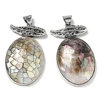 Natural Paua Shell Big Pendants, Antique Silver Plated Alloy Oval Charms, Tan, 57x32x11.5mm, Hole: 7.5x6.5mm