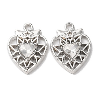 Eco-Friendly Alloy Pendants, with Glass, Heart, Platinum, Clear, 20x15x4mm, Hole: 1.6mm