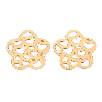 304 Stainless Steel Filigree Joiners Links, Laser Cut, Flower with Heart, Real 14K Gold Plated, 15x15.5x0.5mm