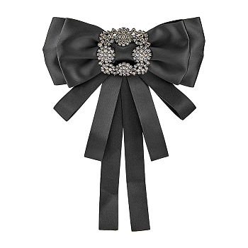Crystal Glass Rhinestone Bowknot Brooch, Cloth Bow Tie Neck Tie Lapel Pin for Women, Black, 220x162x19mm
