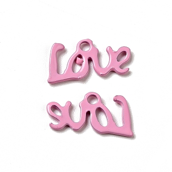 Spray Painted 201 Stainless Steel Charms, Word Love Charm, Pearl Pink, 12x6.5x1mm, Hole: 1.4mm