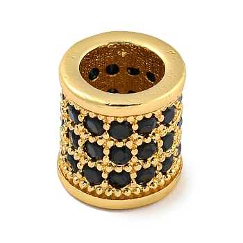 Brass Micro Pave Black Cubic Zirconia European Beads, Column, Real 18K Gold Plated, 8x7.5mm, Hole: 5mm