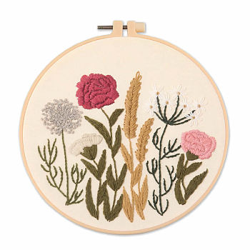 DIY Embroidery Kits, Including Printed Cotton Fabric, Embroidery Thread & Needles, Imitation Bamboo Embroidery Hoops, Flower Pattern, 200mm