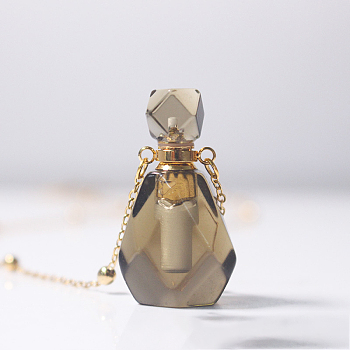 Natural Smoky Quartz Perfume Bottle Pendant Necklace with Brass Chains, Essential Oil Vial Necklace for Women, Golden, 25.59 inch(65cm), Capacity: 0.88ml(0.03fl. oz)
